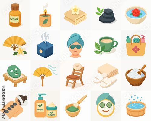 Isometric Detailed Spa Treatment and Wellness Relaxation Beauty Healthcare Illustration