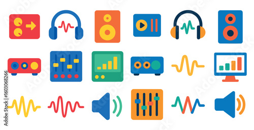 Collection of colorful icons for music and sound equipment. The icons include a microphone, headphones, a speaker, and a computer monitor. Scene is energetic and creative