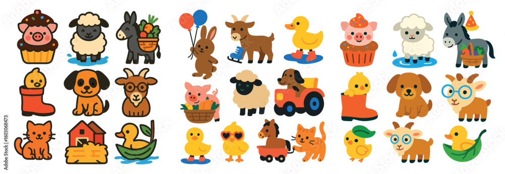 Obraz premium Collection of cartoon animals, including a pig, a goat, a dog, a cat, and a duck