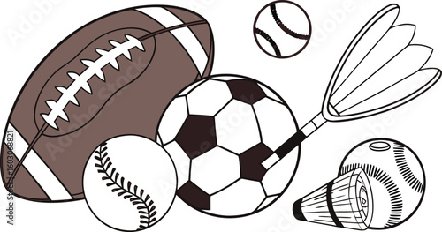 Sports Equipment. vector illustration of various sports balls and equipment arranged together on a white background.