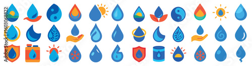 Collection of blue water droplets with various symbols and icons. The collection includes a variety of water-related icons such as a camera, a shield, and a sun. Scene is one of water