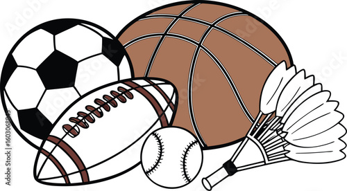 Sports Equipment. vector illustration of various sports balls and equipment arranged together on a white background.