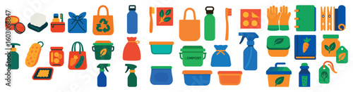 Row of various items including a toothbrush, a bottle of shampoo, a bottle of lotion, a bottle of hand soap, a bottle of dish soap, a bottle of laundry detergent, a bottle of dishwashing detergent,