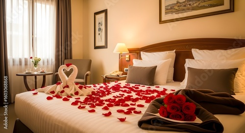 Hotel room with bed adorned with rose petals and towel swans for a romantic getaway experience