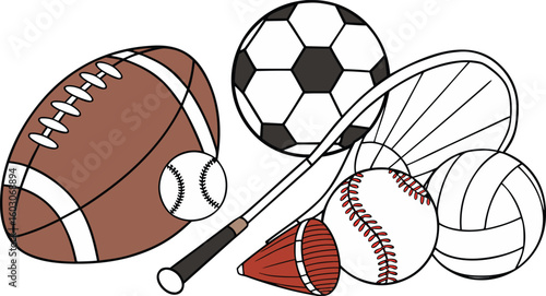 Sports Equipment. vector illustration of various sports balls and equipment arranged together on a white background.