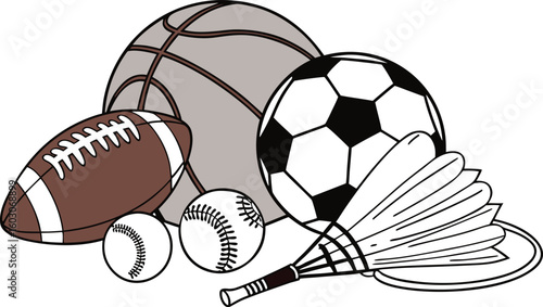 Sports Equipment. vector illustration of various sports balls and equipment arranged together on a white background.
