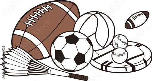 Sports Equipment. vector illustration of various sports balls and equipment arranged together on a white background.