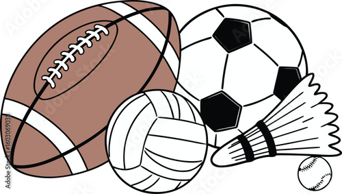 Sports Equipment. vector illustration of various sports balls and equipment arranged together on a white background.