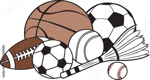 Sports Equipment. vector illustration of various sports balls and equipment arranged together on a white background.