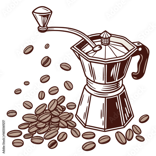 Coffee grinder and moka pot with scattered beans brewing