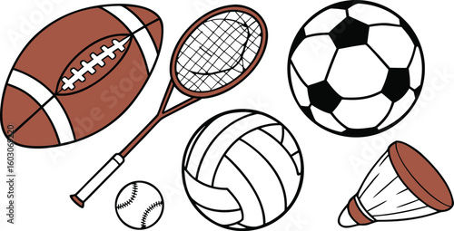 Sports Equipment. vector illustration of various sports balls and equipment arranged together on a white background.