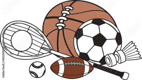 Sports Equipment. vector illustration of various sports balls and equipment arranged together on a white background.