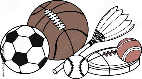 Sports Equipment. vector illustration of various sports balls and equipment arranged together on a white background.