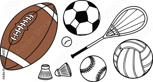 Sports Equipment. vector illustration of various sports balls and equipment arranged together on a white background.