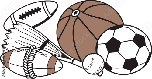 Sports Equipment. vector illustration of various sports balls and equipment arranged together on a white background.