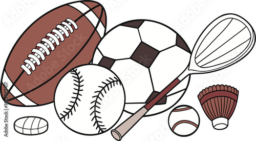 Sports Equipment. vector illustration of various sports balls and equipment arranged together on a white background.