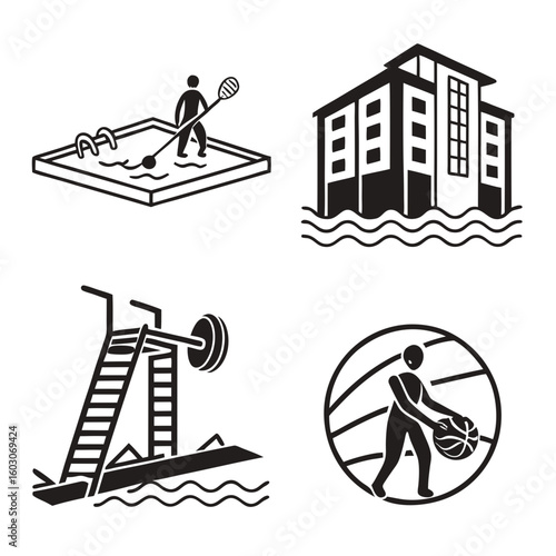 Resort amenities icons swimming building diving basketball