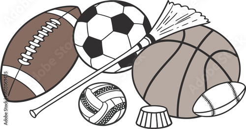 Sports Equipment. vector illustration of various sports balls and equipment arranged together on a white background.