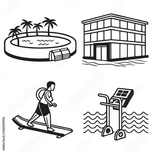 Resort amenities icons palm trees building treadmill person