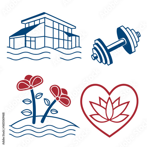 Blue and red resort amenity icons amenities building