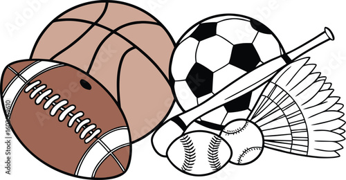 Sports Equipment. vector illustration of various sports balls and equipment arranged together on a white background.