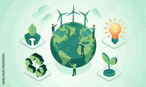 Illustration depicting sustainable energy solutions with people working around the Earth, including wind turbines, solar panels, a recycling symbol, a lightb...