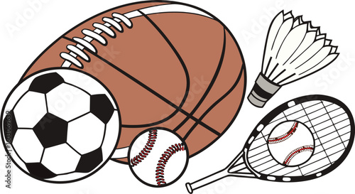 Sports Equipment. vector illustration of various sports balls and equipment arranged together on a white background.
