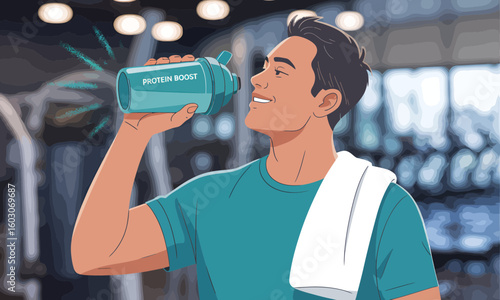 Illustrated man in a gym drinking from a blue "Protein Boost" shaker bottle with a towel draped over his shoulder.