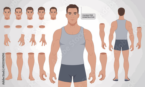 Illustration showing a male character construction kit with various head, arm, leg, and hand options for customization.