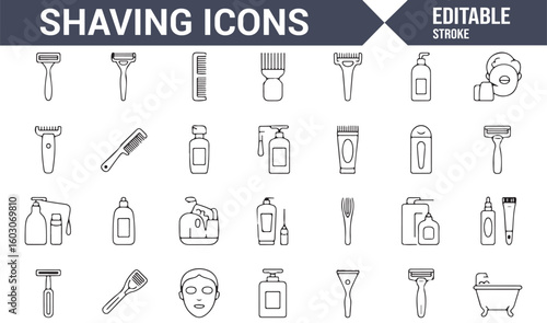 Set of Grooming Tools Icons, Including Razors, Brushes, and Shaving Accessories