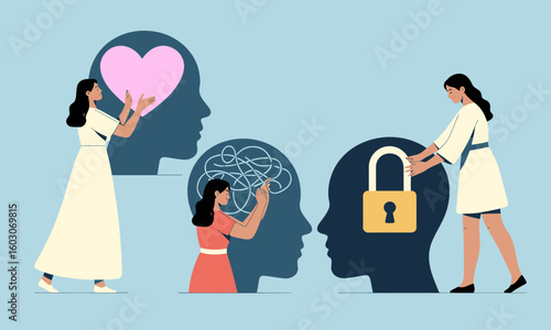 Illustration depicting mental health concepts: love, confusion, and security, represented by women interacting with stylized head silhouettes.