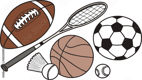 Sports Equipment. vector illustration of various sports balls and equipment arranged together on a white background.