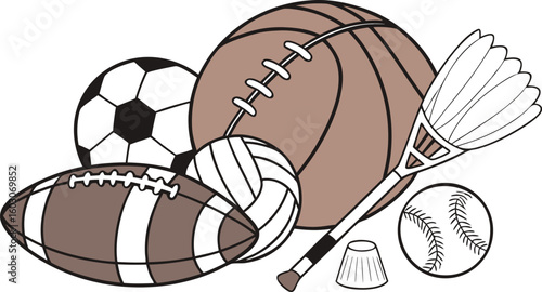 Sports Equipment. vector illustration of various sports balls and equipment arranged together on a white background.