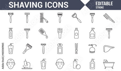 Icons of Razors, Brushes, and Shaving Cream for Personal Grooming and Care
