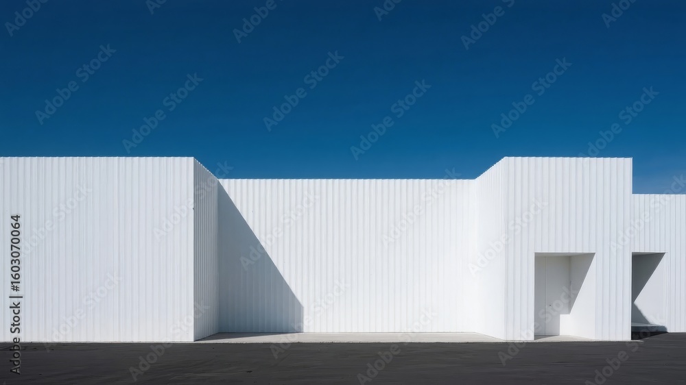 Fototapeta premium Modern White Wall Structure with Geometric Cutouts Against a Clear Blue Sky