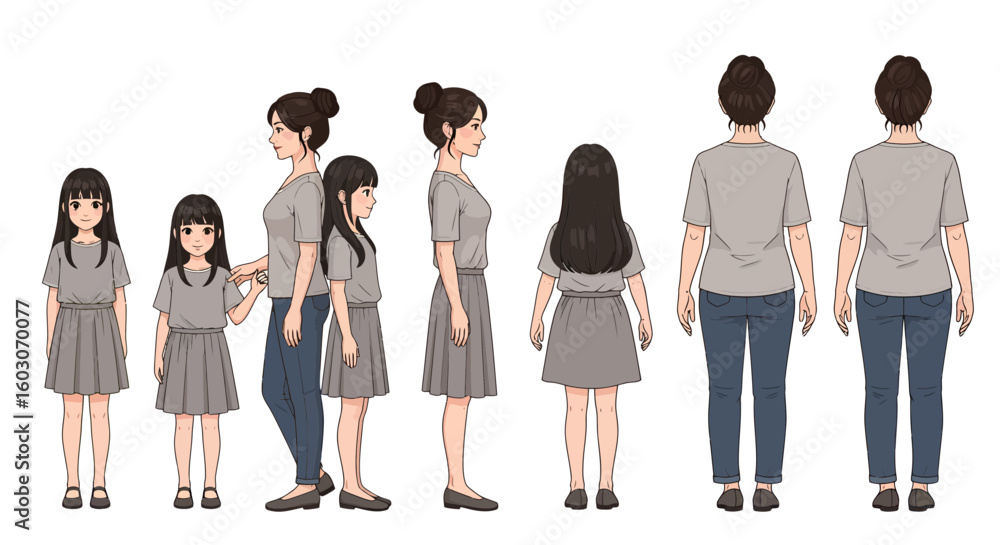 Fototapeta premium Illustrations of a woman and a girl, shown from the front, side, and back, both wearing casual clothing against a white background.