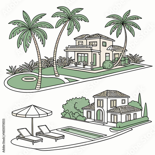 Tropical resort villas with palm trees and swimming pools