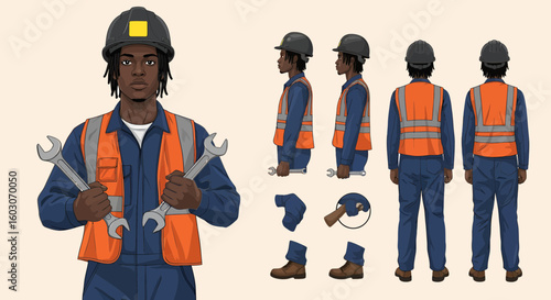 Illustration of a Black male construction worker in uniform, holding wrenches, with various views and detachable parts shown.