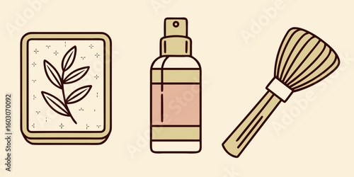 Soap bar spray bottle and makeup brush herbal leaf