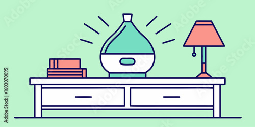 Aroma diffuser and lamp on table bedside table books