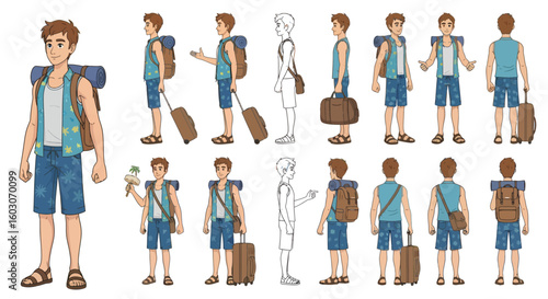 Cartoon traveler character sheet showing a young man with a backpack, suitcase, and ice cream cone in various poses and angles.