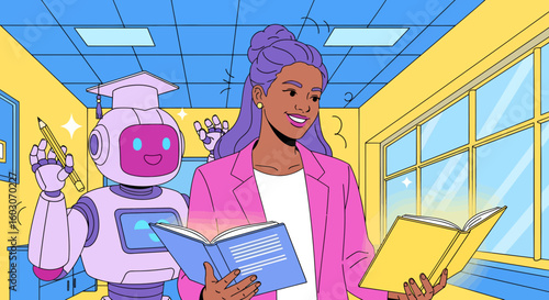 A teacher smiles while holding a glowing book next to a robot wearing a graduation cap and holding a pencil.