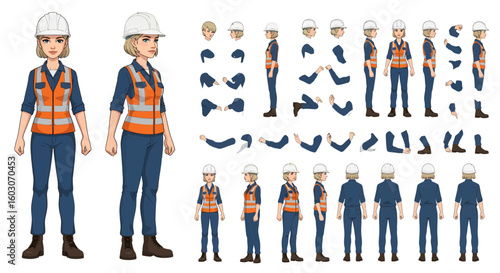 Illustration of a female construction worker with interchangeable body parts for animation or design, wearing a hard hat and safety vest.