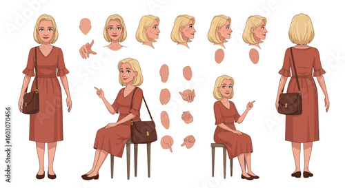 Blonde woman character sheet with various poses, head angles, and hand gestures, wearing a dress and carrying a bag.
