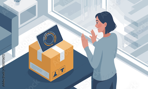 Woman tracking a package with a tablet in a modern interior, awaiting delivery near a large window.