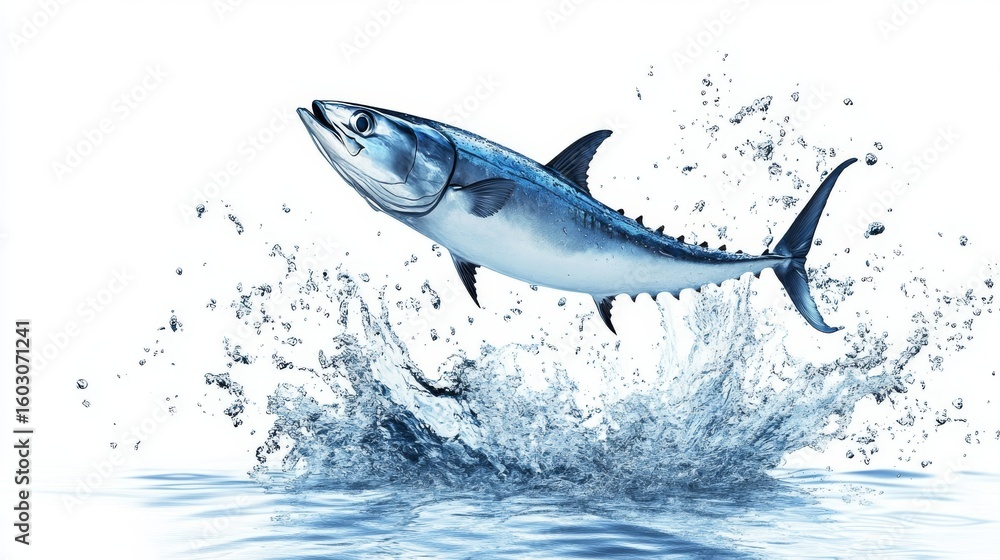 Fototapeta premium Tuna fish leaping out of the ocean water in dynamic motion, isolated on clean white background for marine life, seafood, and fishing concept visuals
