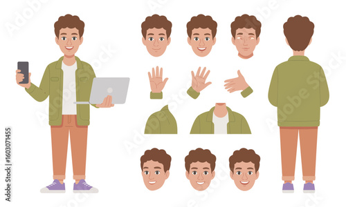 Cartoon man holding a laptop and phone, with interchangeable head, hand, torso, and back view for character design.