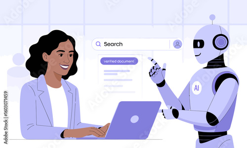 A woman uses a laptop as a robot assists with searching a verified document online.