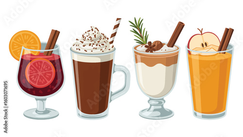 A product photography layout of four winter beverages arranged in a row against a pure white background. 