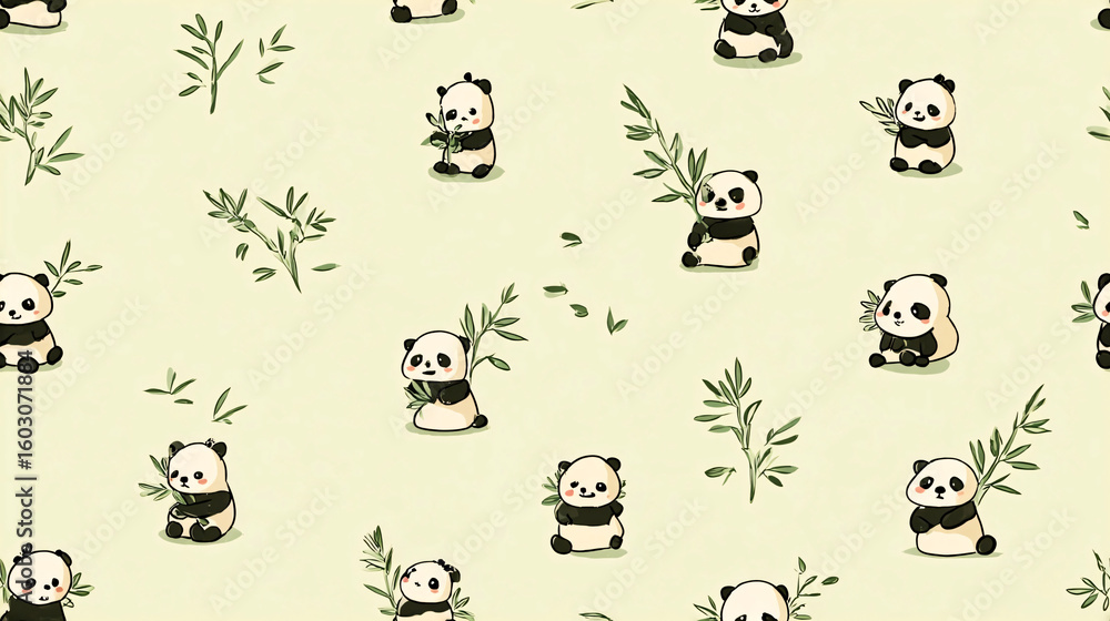 Fototapeta premium Seamless Pattern of Cute Cartoon Pandas with Bamboo Leaves on Light Yellow Background, Animal Illustration